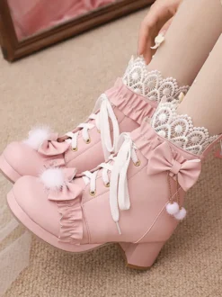 Bottes Lolita Sweet en cuir PU avec nœuds et bout rond Chaussures Lolita blanches