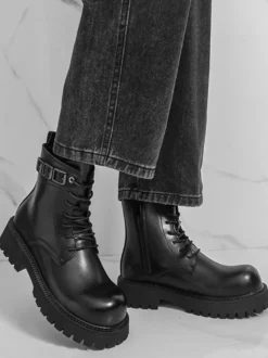 Bottes Martin noires pour hommes bottines à lacets à bout rond