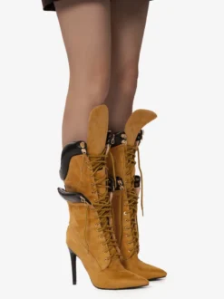 Bottes mi-mollet en daim jaune pour femmes bout pointu lacets talons hauts