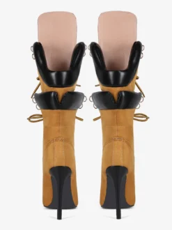 Bottes mi-mollet en daim jaune pour femmes bout pointu lacets talons hauts