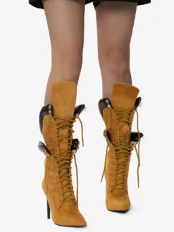 Bottes mi-mollet en daim jaune pour femmes bout pointu lacets talons hauts