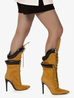 Bottes mi-mollet en daim jaune pour femmes bout pointu lacets talons hauts