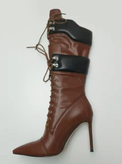 Bottes mi-mollet en daim jaune pour femmes bout pointu lacets talons hauts