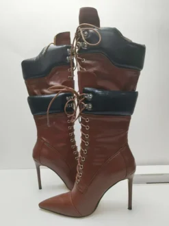 Bottes mi-mollet en daim jaune pour femmes bout pointu lacets talons hauts