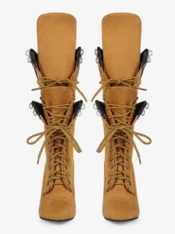 Bottes mi-mollet en daim jaune pour femmes bout pointu lacets talons hauts