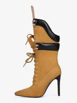 Bottes mi-mollet en daim jaune pour femmes bout pointu lacets talons hauts