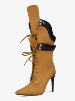 Bottes mi-mollet en daim jaune pour femmes bout pointu lacets talons hauts