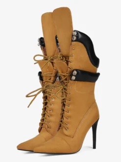 Bottes mi-mollet en daim jaune pour femmes bout pointu lacets talons hauts