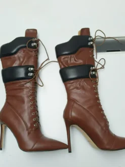 Bottes mi-mollet en daim jaune pour femmes bout pointu lacets talons hauts