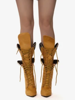 Bottes mi-mollet en daim jaune pour femmes bout pointu lacets talons hauts