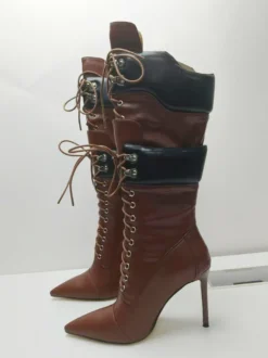 Bottes mi-mollet en daim jaune pour femmes bout pointu lacets talons hauts