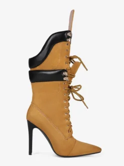 Bottes mi-mollet en daim jaune pour femmes bout pointu lacets talons hauts