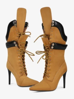 Bottes mi-mollet en daim jaune pour femmes bout pointu lacets talons hauts