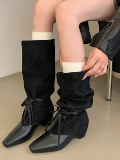 Bottes mi-mollet noires pour femmes bout carré patchwork lacets style slouchy