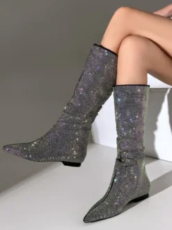 Bottes mi-mollet noires pour femmes chaussures plates à bout pointu avec strass