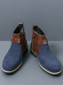 Bottes montantes en tricot pour homme avec fermeture éclair latérale chaussures habillées à bout rond et talons bas bottes habillées à chaînes