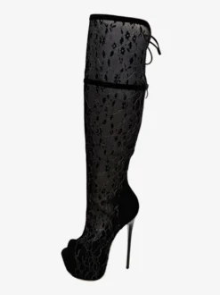 Bottes noires en dentelle au-dessus du genou plateforme bout ouvert talon haut cuissardes