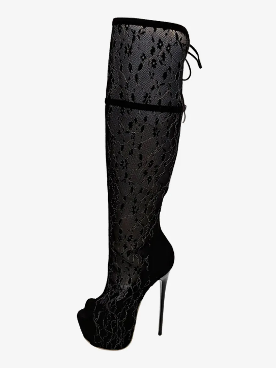 Bottes noires en dentelle au-dessus du genou plateforme bout ouvert talon haut cuissardes