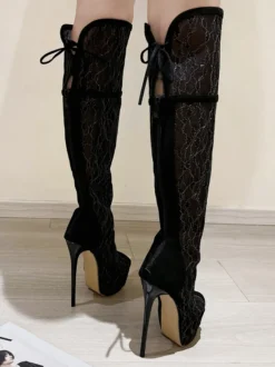 Bottes noires en dentelle au-dessus du genou plateforme bout ouvert talon haut cuissardes