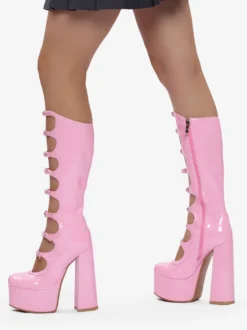 Bottes noires hautes au genou grande taille plateforme bout rond boucle talon épais