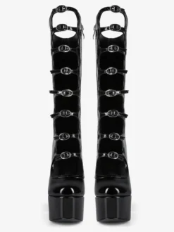 Bottes noires hautes au genou grande taille plateforme bout rond boucle talon épais