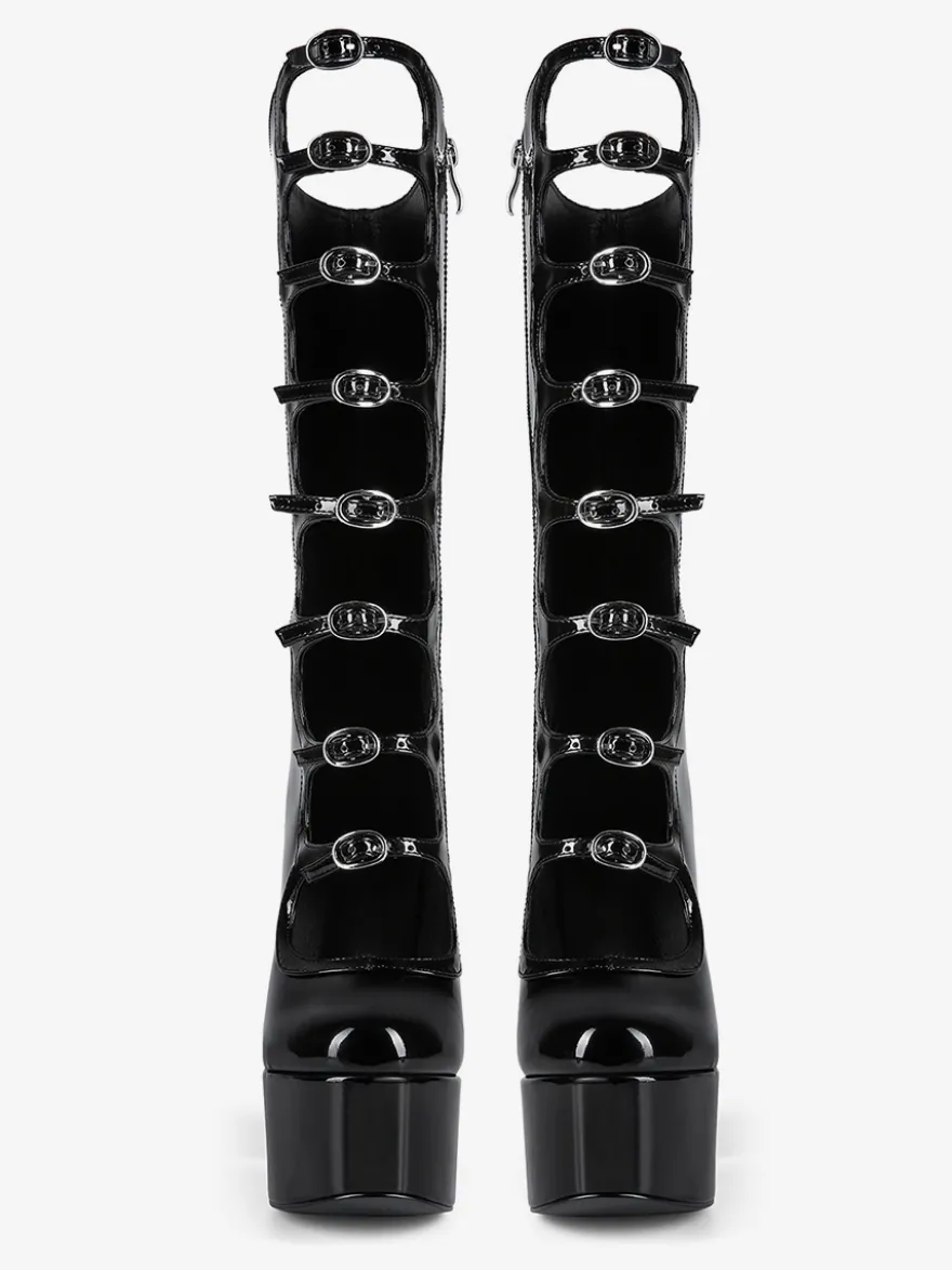 Bottes noires hautes au genou grande taille plateforme bout rond boucle talon épais