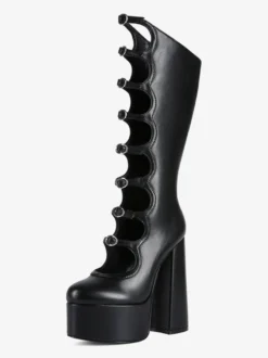 Bottes noires hautes au genou grande taille plateforme bout rond boucle talon épais