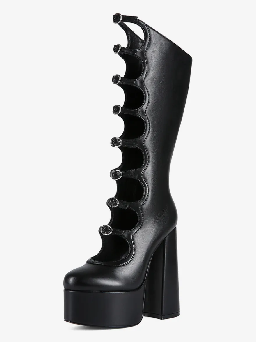 Bottes noires hautes au genou grande taille plateforme bout rond boucle talon épais