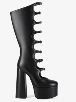 Bottes noires hautes au genou grande taille plateforme bout rond boucle talon épais