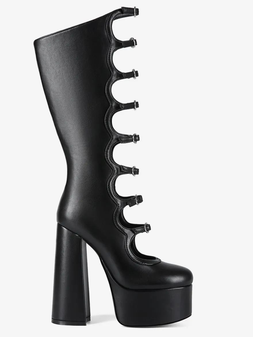 Bottes noires hautes au genou grande taille plateforme bout rond boucle talon épais