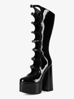 Bottes noires hautes au genou grande taille plateforme bout rond boucle talon épais