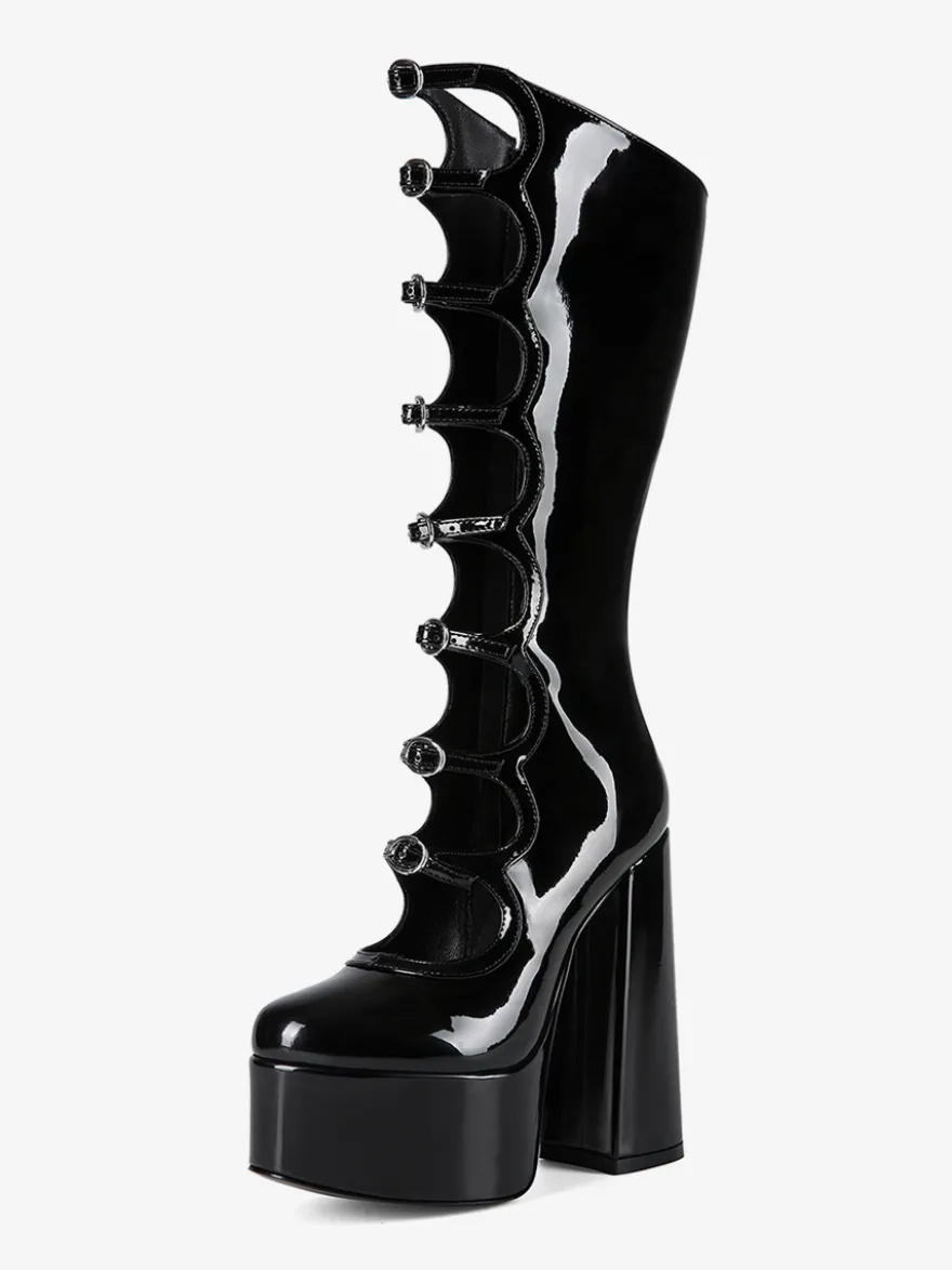 Bottes noires hautes au genou grande taille plateforme bout rond boucle talon épais