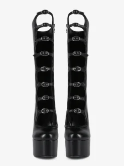 Bottes noires hautes au genou grande taille plateforme bout rond boucle talon épais