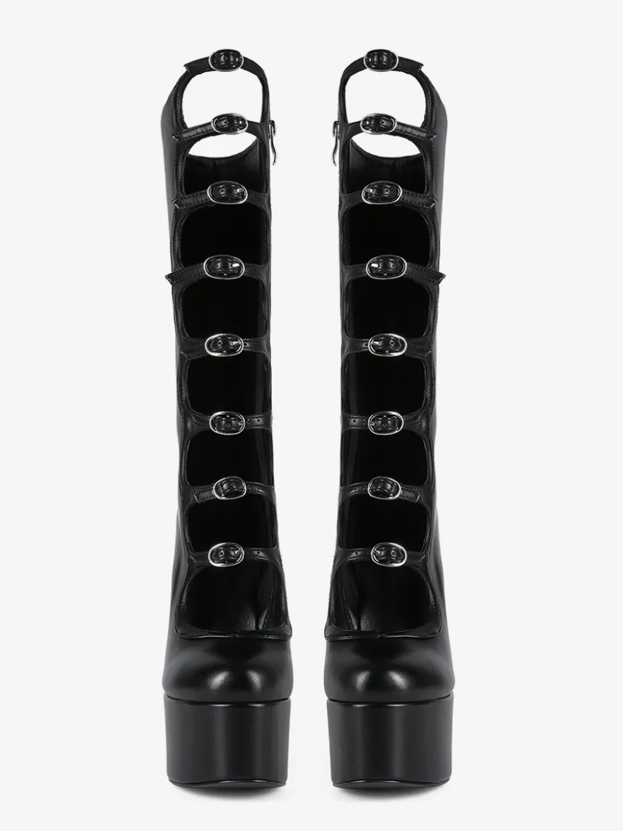 Bottes noires hautes au genou grande taille plateforme bout rond boucle talon épais