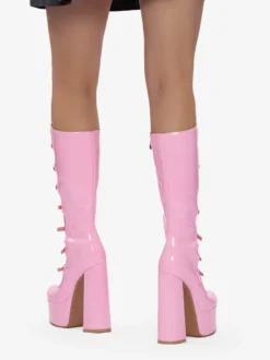Bottes noires hautes au genou grande taille plateforme bout rond boucle talon épais