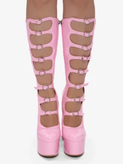 Bottes noires hautes au genou grande taille plateforme bout rond boucle talon épais