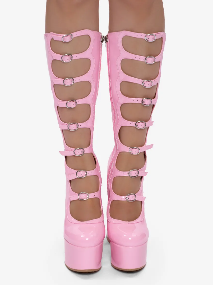 Bottes noires hautes au genou grande taille plateforme bout rond boucle talon épais