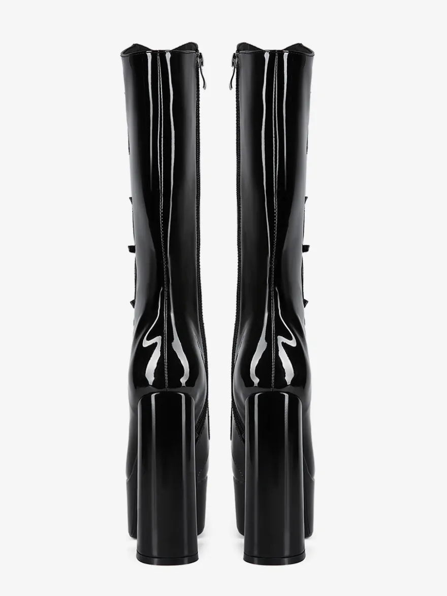 Bottes noires hautes au genou grande taille plateforme bout rond boucle talon épais