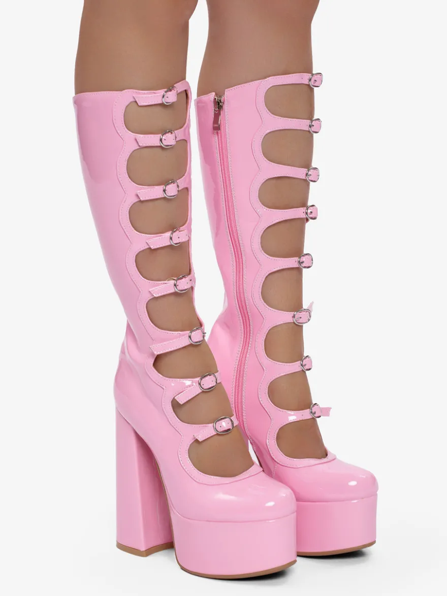 Bottes noires hautes au genou grande taille plateforme bout rond boucle talon épais