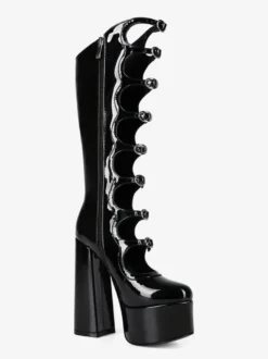 Bottes noires hautes au genou grande taille plateforme bout rond boucle talon épais