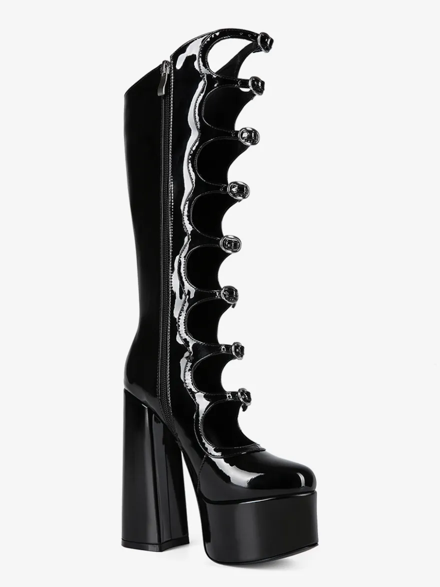 Bottes noires hautes au genou grande taille plateforme bout rond boucle talon épais