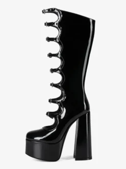 Bottes noires hautes au genou grande taille plateforme bout rond boucle talon épais