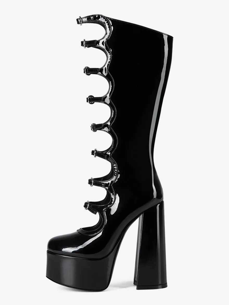 Bottes noires hautes au genou grande taille plateforme bout rond boucle talon épais