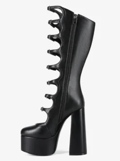 Bottes noires hautes au genou grande taille plateforme bout rond boucle talon épais