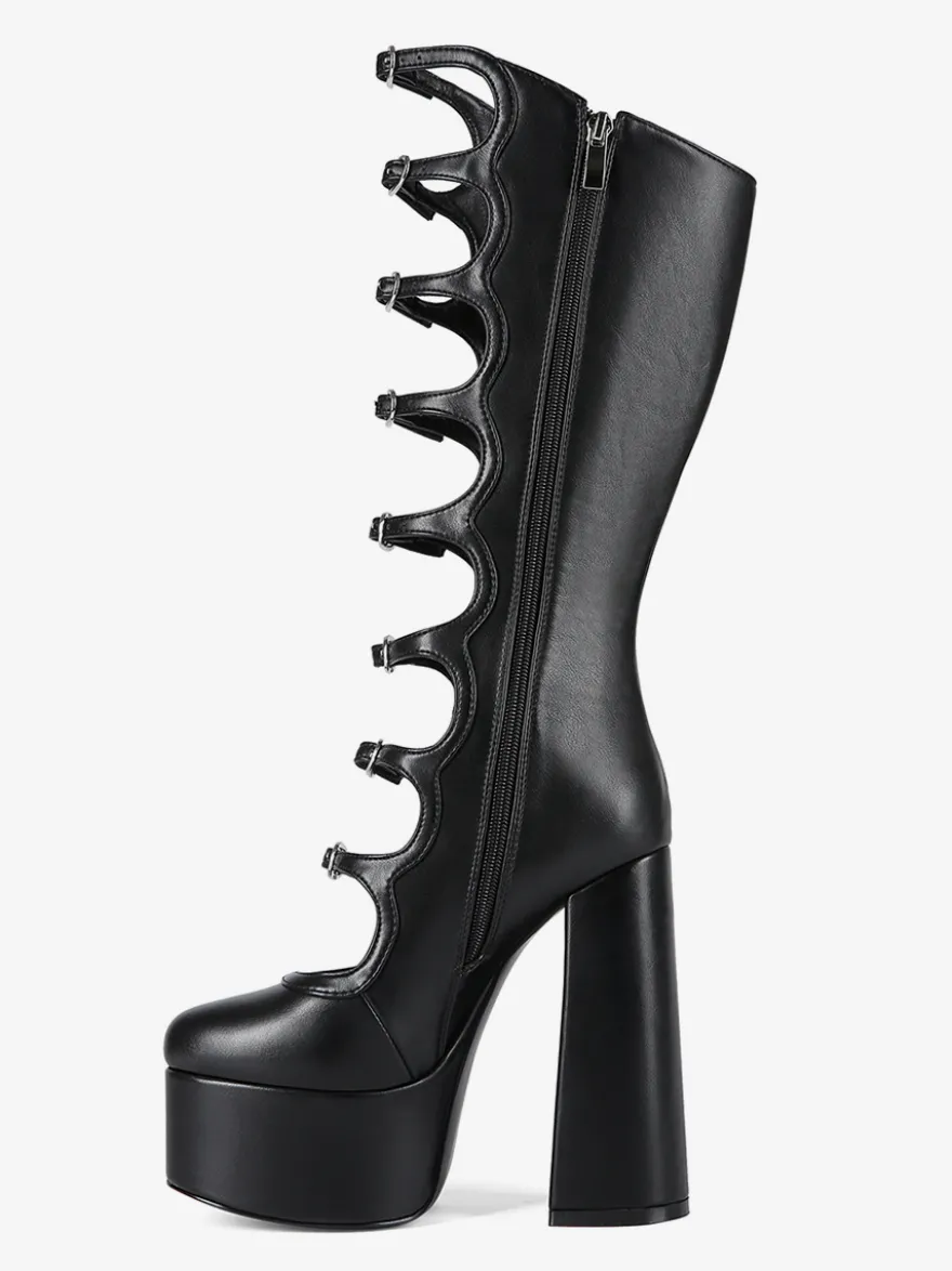 Bottes noires hautes au genou grande taille plateforme bout rond boucle talon épais