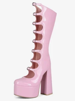 Bottes noires hautes au genou grande taille plateforme bout rond boucle talon épais
