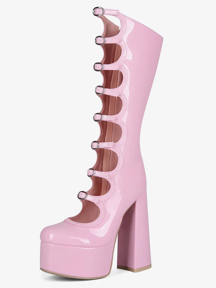 Bottes noires hautes au genou grande taille plateforme bout rond boucle talon épais