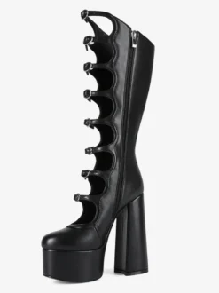 Bottes noires hautes au genou grande taille plateforme bout rond boucle talon épais