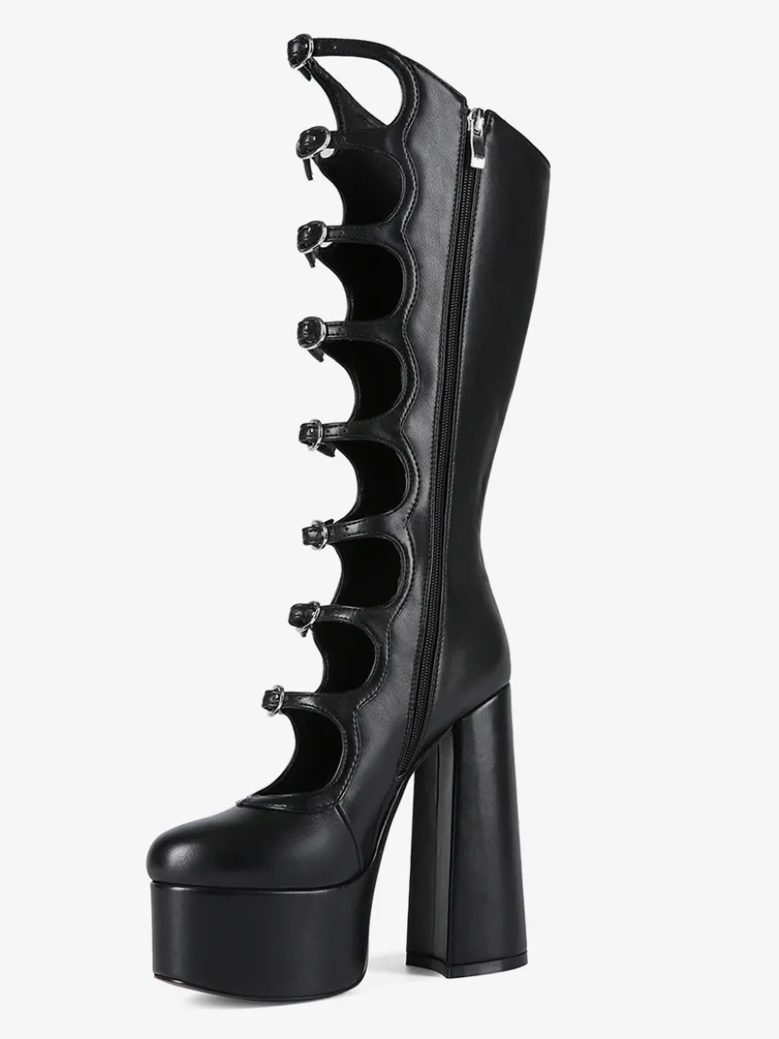 Bottes noires hautes au genou grande taille plateforme bout rond boucle talon épais