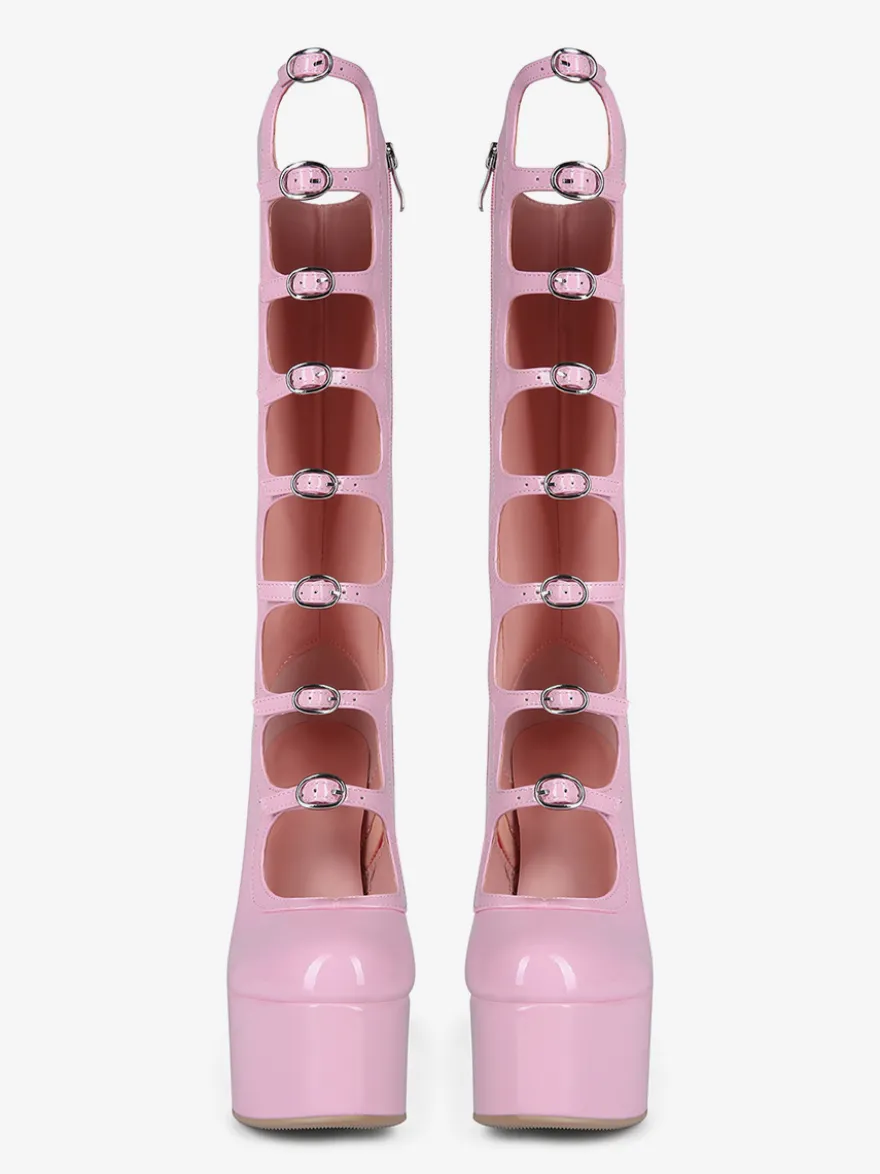 Bottes noires hautes au genou grande taille plateforme bout rond boucle talon épais